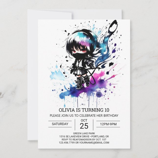 Printable Chic Ninja Girl Birthday Invitation (Front)