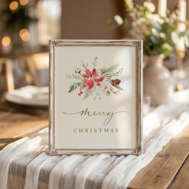 Printable Christmas Wall Art Elegant Boho Greenery (Elegant Merry Christmas sign 8x10 watercolor poinsettia and winter greenery)