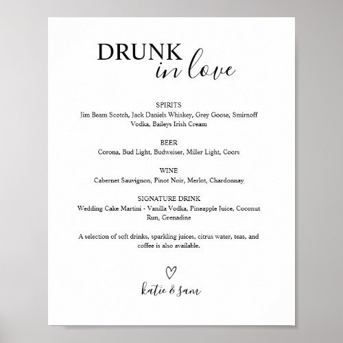 Printable Drunk In Love Wedding Bar Sign Menu