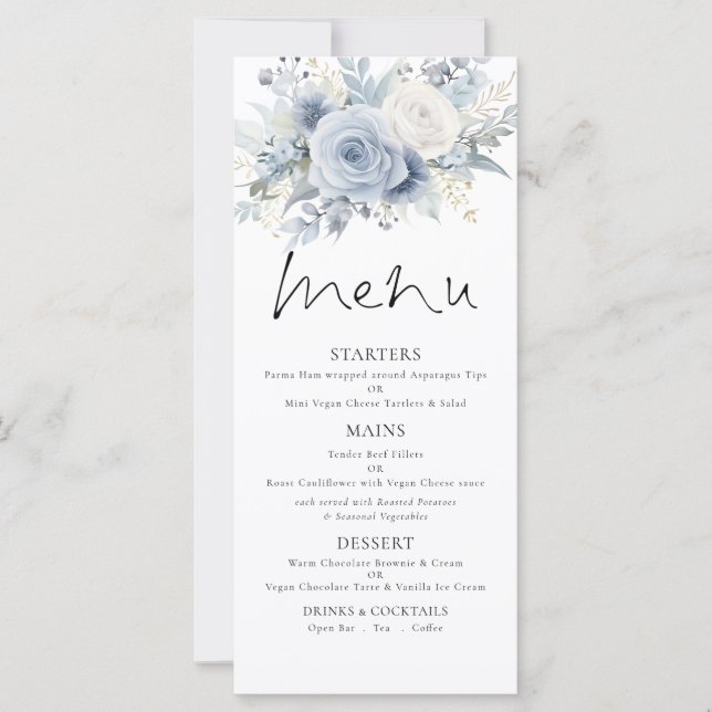 Printable Dusty Blue FloralsWedding Thank You Menu (Front)