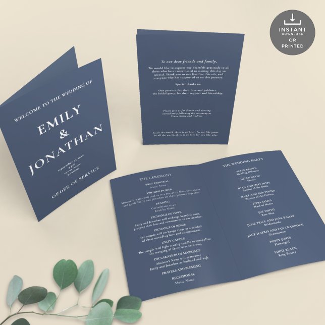 Printable Dusty Navy Church Folded Wedding Program (Views of front and back and inside)