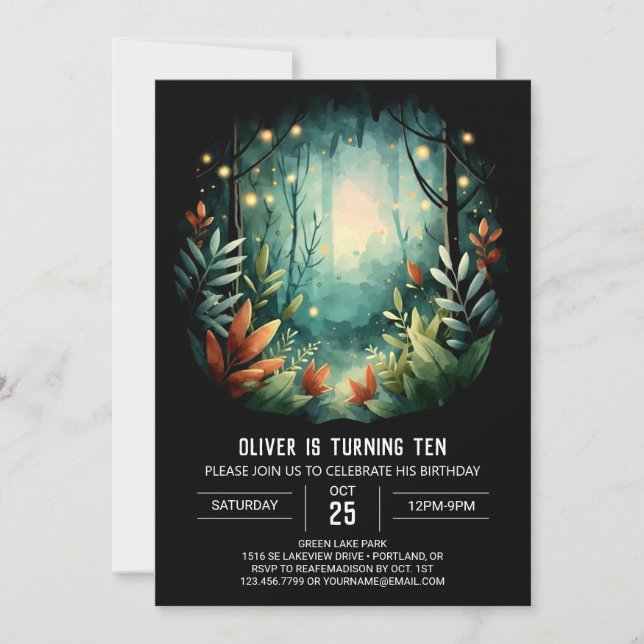 Printable Fireflies Pastel Woodland Birthday Invitation (Front)