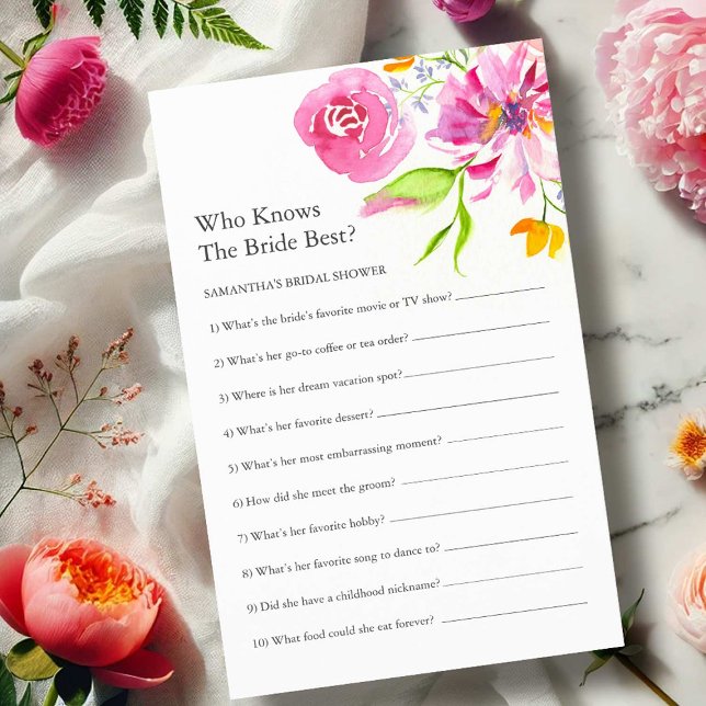 Printable Floral Bridal Shower Questions Game Invitation (Printable bridal shower games with a Love is in Bloom theme by Do tell A Belle)