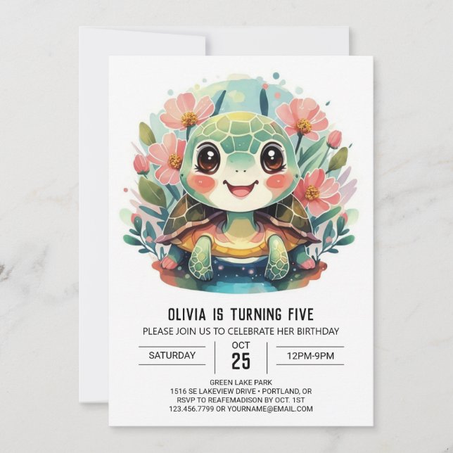 Printable Fun Turtle Girl Birthday Invitation (Front)