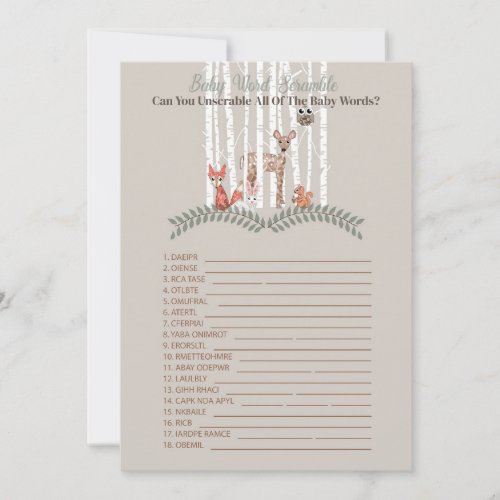 Printable Game for Woodland Animal Creatures Baby Invitation