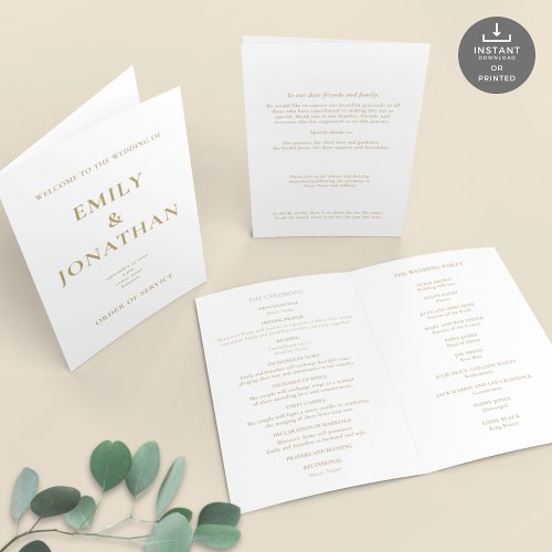 Printable Gold Text Church Folded Wedding Program