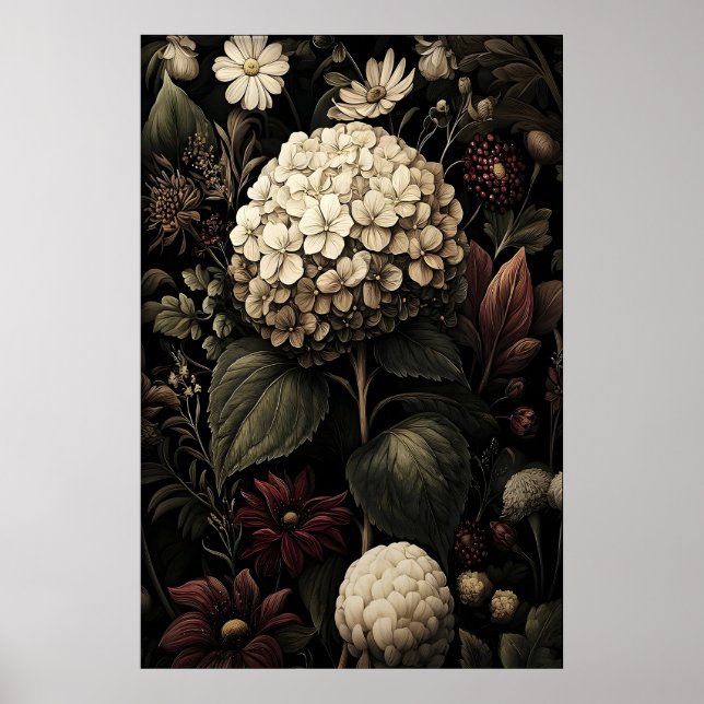 Printable Hydrangea Wall Art, Antique Dark Poster (Front)