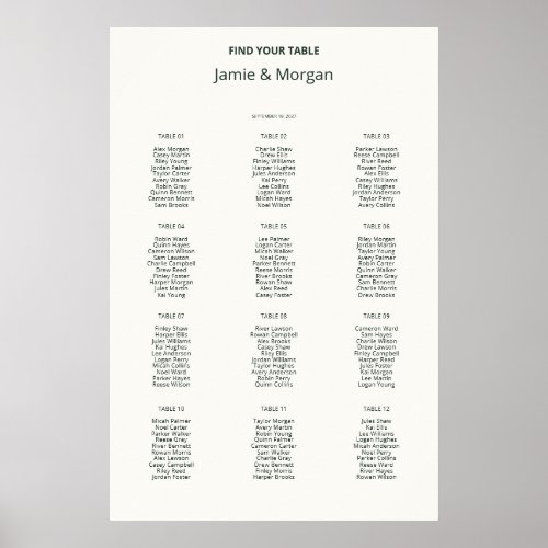 Printable Ivory Wedding Seating Chart 12 Tables