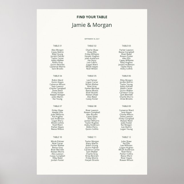 Printable Ivory Wedding Seating Chart 12 Tables (Front)