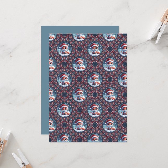 Printable Kawaii Christmas Fox Diamond Tile Invitation (Front/Back In Situ)