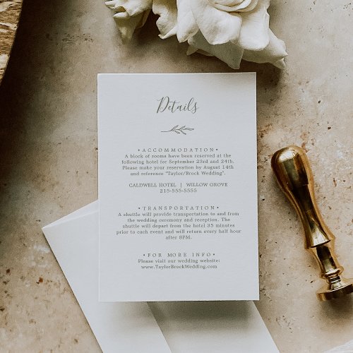Printable Minimal Leaf Olive Green Wedding Details Invitation