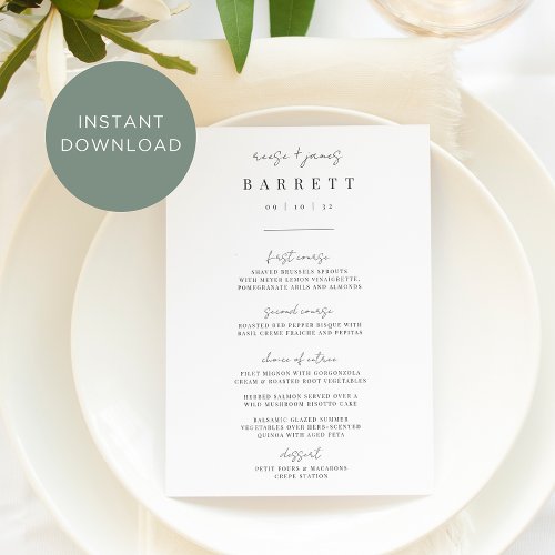 Printable Modern Minimal Script Wedding Menu Card