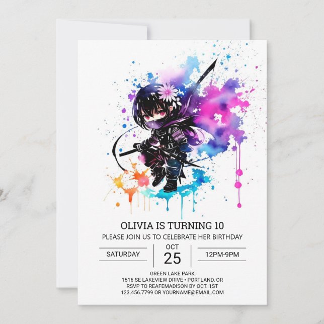Printable Modern Ninja Girl Birthday Invitation (Front)