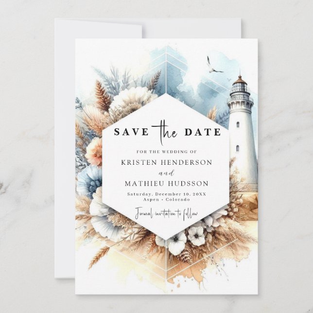 Printable Modern Romance Lighthouse Wedding Save The Date (Front)