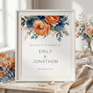 Printable Navy Burnt Orange Floral Welcome Wedding Poster