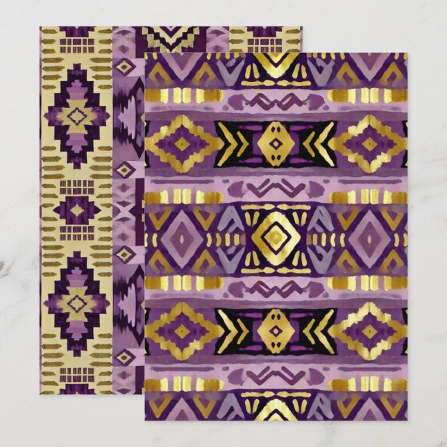 Printable Purple & Gold Boho Aztec Geo Patterns Invitation (Front/Back)