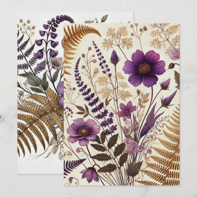 Printable Purple & Gold Boho Wildflowers and Ferns Invitation (Front/Back)