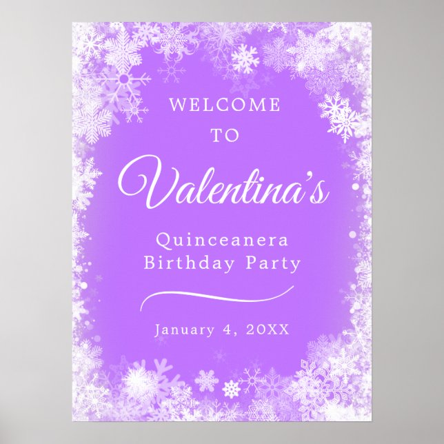 Printable Quinceanera Snowflake Purple Welcome Poster (Front)