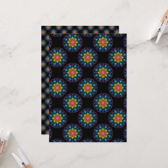Printable Rainbow Mandala Dots Scrapbook Paper Invitation (Front/Back In Situ)