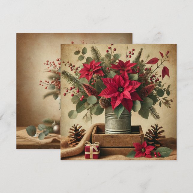 Printable Rustic Vintage Christmas Poinsettia Invitation (Front/Back)
