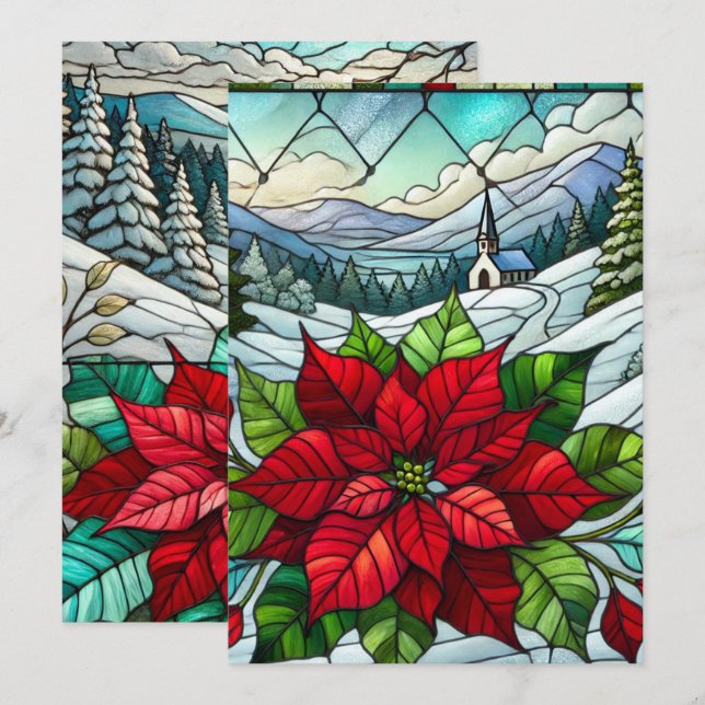Printable Scenic Winter Poinsettia Stained Glass Invitation (Front/Back)