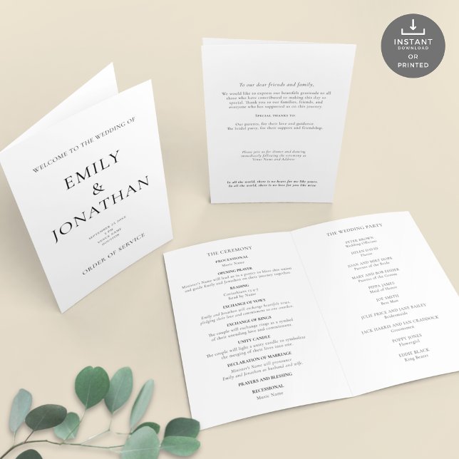 Printable Simple Church Folded Wedding Program (Views of front and back and inside)