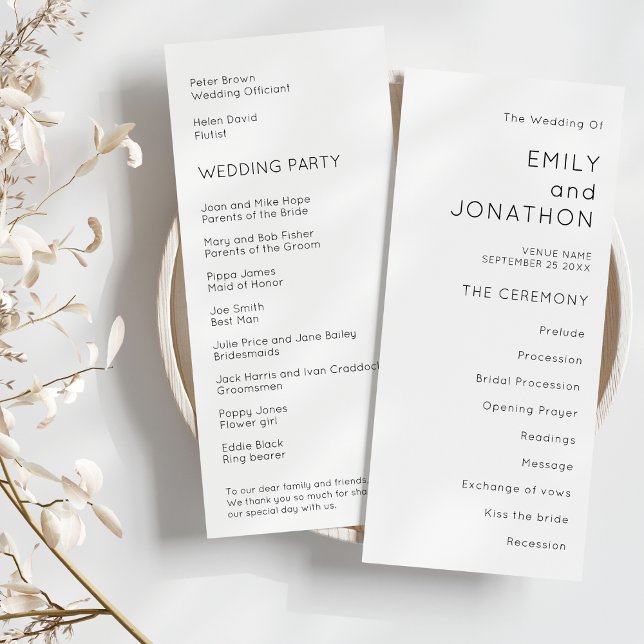 Printable Simple Text Black White Wedding Program (Front and back view)