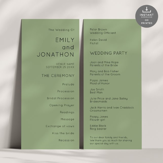 Printable Simple Text Sage Green Wedding Program (Front and back view)