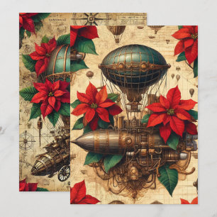 Printable Steampunk Airship with Poinsettia Invitation