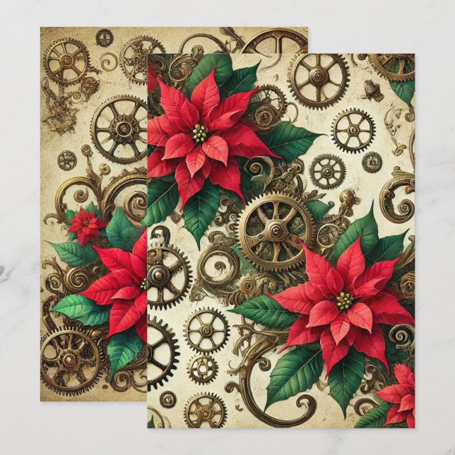 Printable Steampunk Cogs and Gears with Poinsettia Invitation (Front/Back)