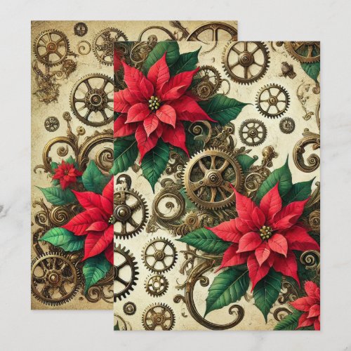 Printable Steampunk Cogs and Gears with Poinsettia Invitation