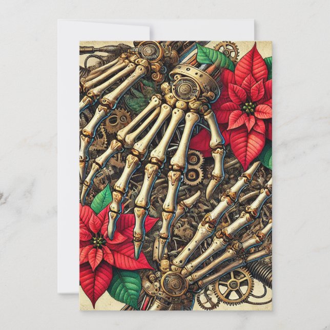 Printable Steampunk Hand Bones with Poinsettia Invitation (Front)
