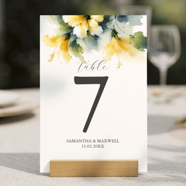 Printable Table Number Watercolor Hibiscus (Wedding table numbers feature watercolor yellow hibiscus flowers personalized Do Tell A Belle)