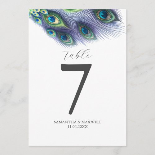 Printable Table Number Watercolor Peacock Feathers