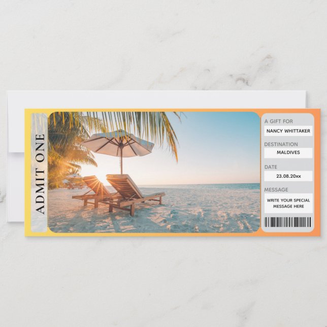 Printable Tropical Beach Surprise Reveal Ticket Card (Front)