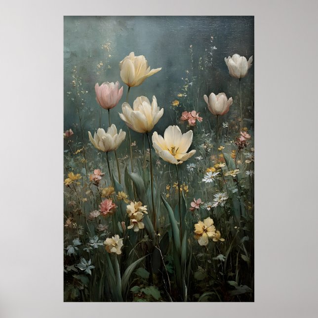Printable Tulips Wall Art, Antique Spring Meadow Poster (Front)