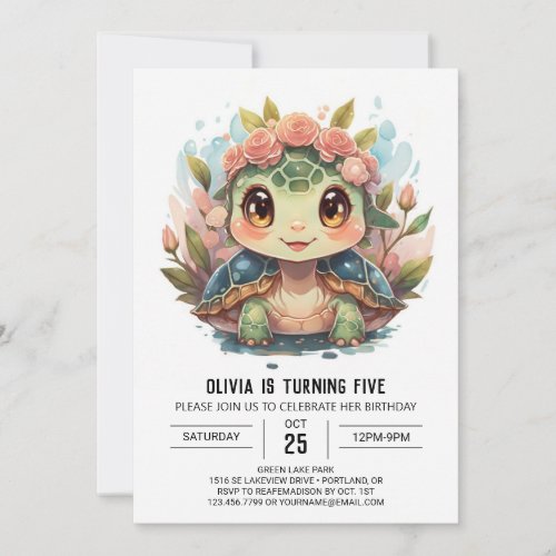 Printable Turtle Girl Birthday Invitation