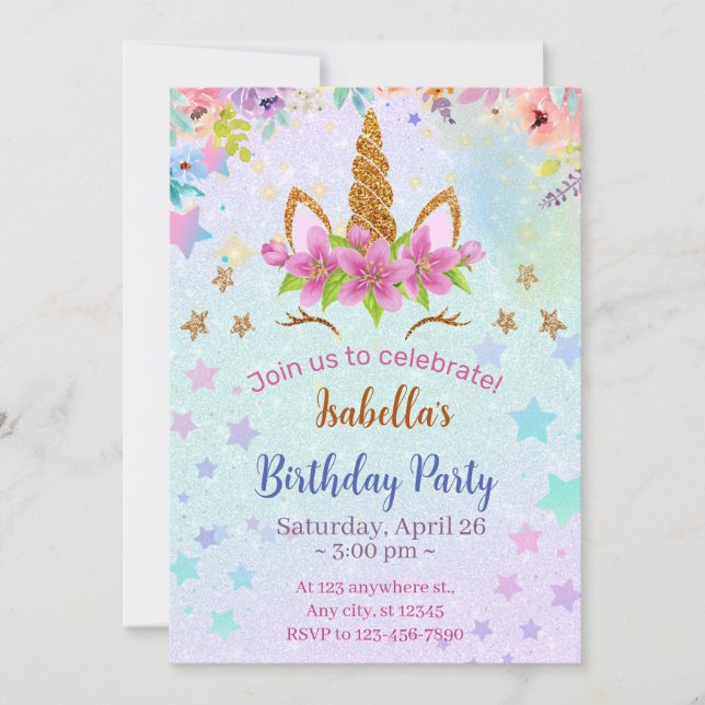 Printable Unicorn Birthday Invitation Template, (Front)