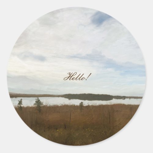 Printable vintage country landscape oilpaint hello classic round sticker