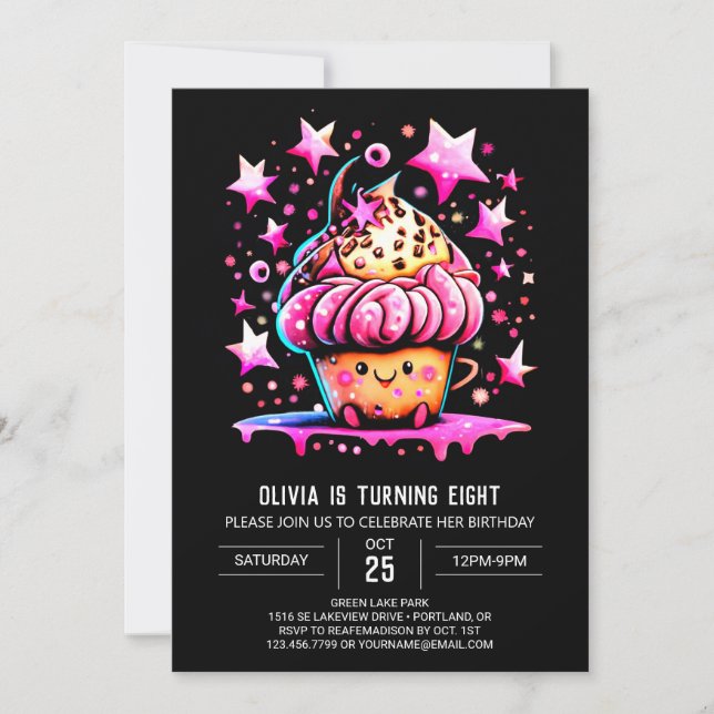 Printable Watercolor Elegance Muffin Girl Birthday Invitation (Front)