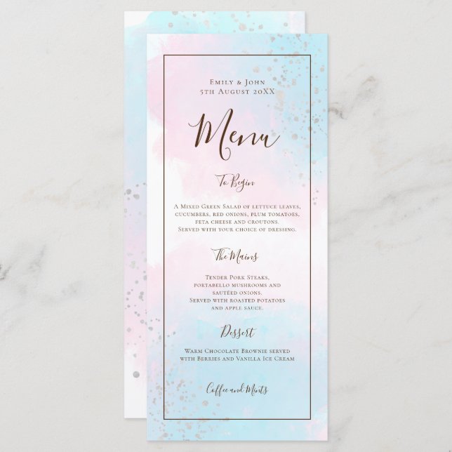 Printable Watercolor Pink Blue Silver Wedding Menu (Front/Back)
