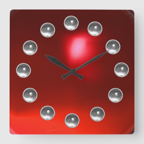 PRINTED 3D RED RUBY AND WHITE GEMSTONES SQUARE WALL CLOCK
