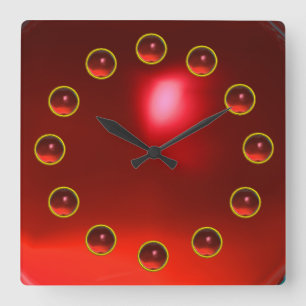 PRINTED 3D RED RUBY GEMSTONES SQUARE WALL CLOCK