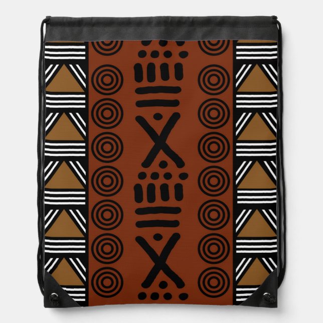  Printed African Mud Cloth Drawstring Backpack (Front)