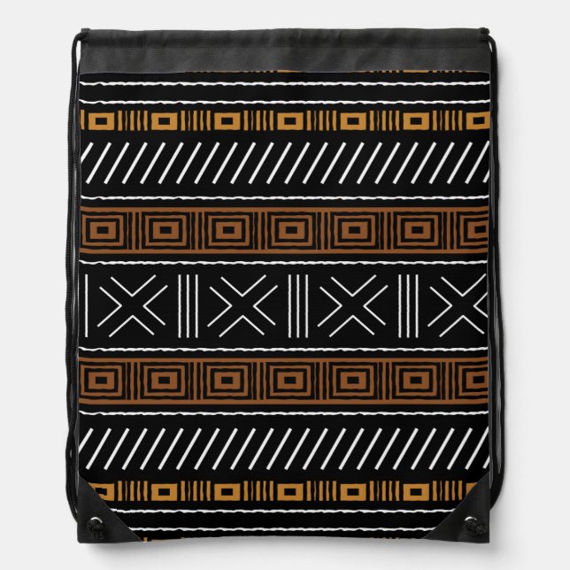 Printed African Mud Cloth Drawstring Backpack (Front)