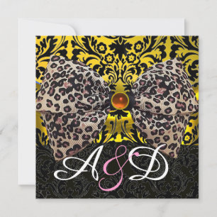 PRINTED ANIMAL FUR BOW GOLD BLACK DAMASK MONOGRAM INVITATION