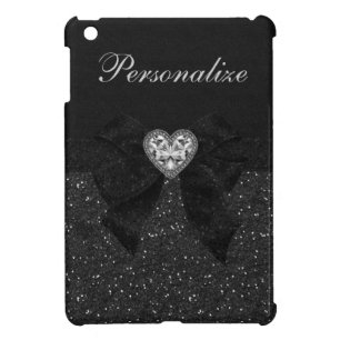 Printed Black Glitter, Diamond Heart & Bow Case For The iPad Mini