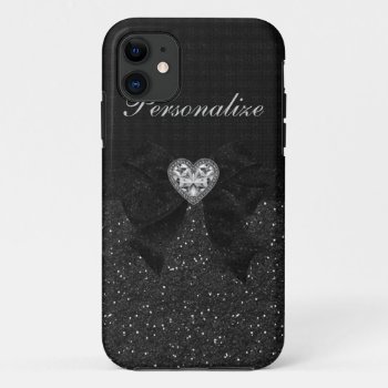 Printed Black Glitter  Diamond Heart & Bow Iphone 11 Case by GroovyGraphics at Zazzle