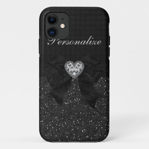 Printed Black Glitter Diamond Heart  Bow iPhone 11 Case