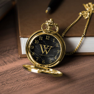 Printed Black Marble and Gold Monogram Pocket Watch